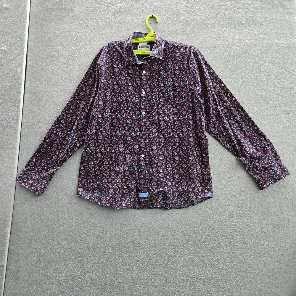 Express Men Button Up Shirt Large Navy Floral Classic Soft Wash Long Sleeve